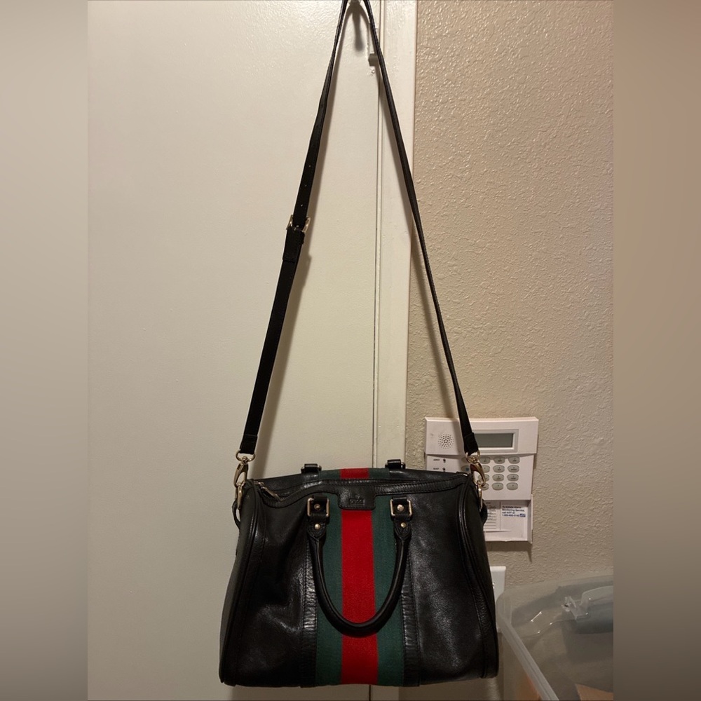 Authentic Classic Gucci Boston Bag With Strap Black Leather